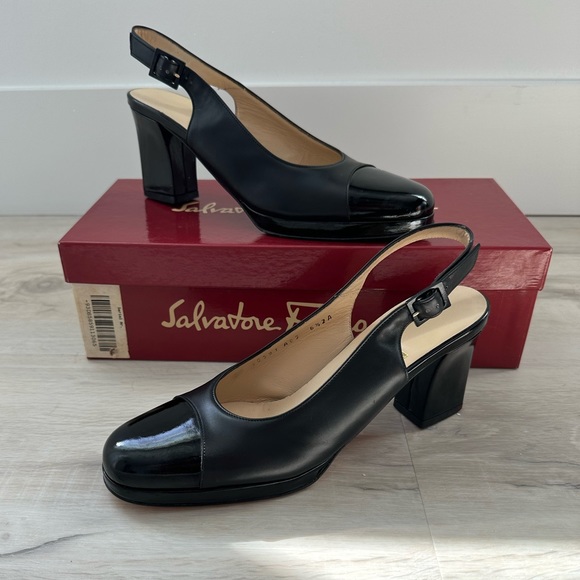 Salvatore Ferragamo Shoes - Vintage Ferragamo Nero Patent Calf Slingback Heels
- Size (6.5)